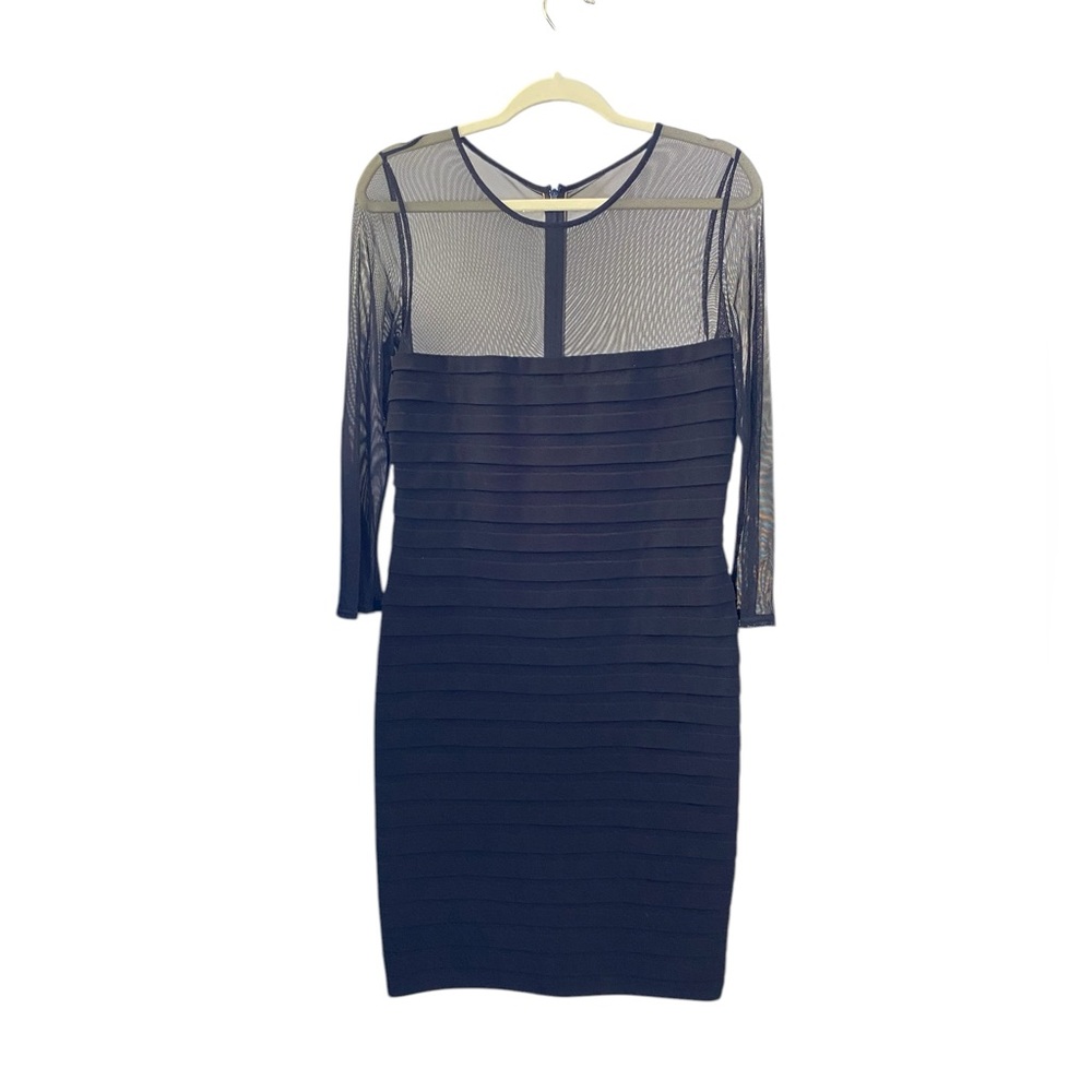 TADASHI COLLECTION COCKTAIL BLACK SHEER MESH TIERED BODY CON LONG SLEEVE MIDI L